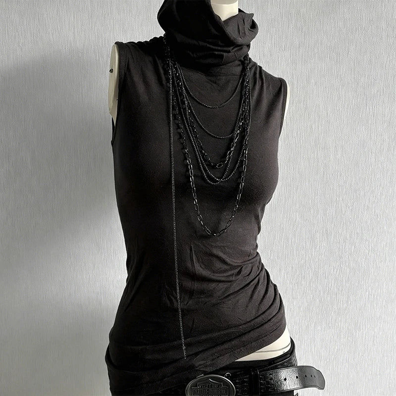Harajuku style retro high neck sleeveless slim fit design, spicy girl niche versatile vest top can be worn outside