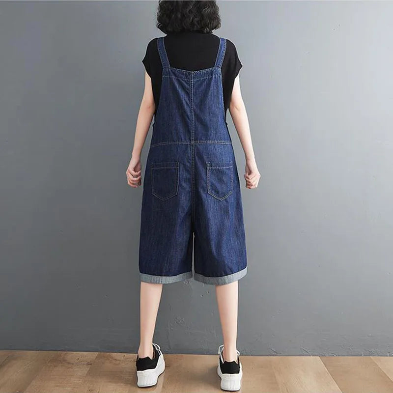 Summer Denim Straps Shorts Jeans Overalls Women Korean Wide Leg Jumpsuits Female Suspender Rompers Casual Conjoined Fifth Pants