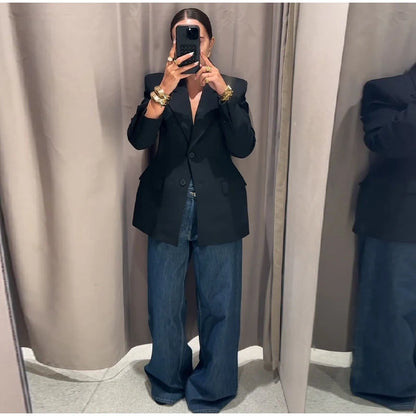 Elegant Shoulder Pad Slim Suit Jackets Women Solid Lapel Long Sleeved Jacket Female 2025 Spring Chic Daily Style Outwears Tops