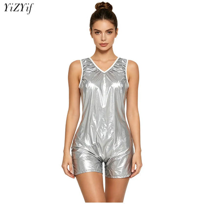 Womens Waterproof Jumpsuit Adaptive Special Needs Clothing Glossy V Neck Sleeveless Buttons Crotch Rompers Swimwear Nightwear