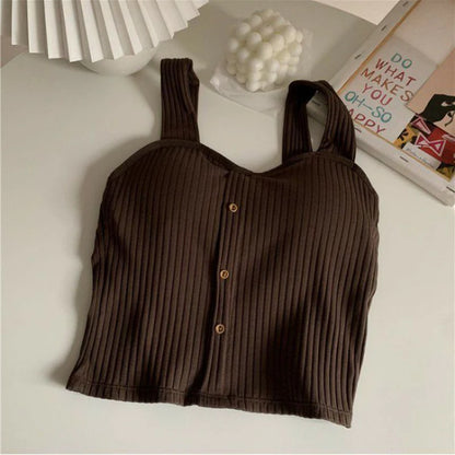Women's Y2K Cropped Tops with Bra Pads Summer Corset Korean Suspenders Vest Sexy Camisole Slim Solid Casual Fake Buckle Tops