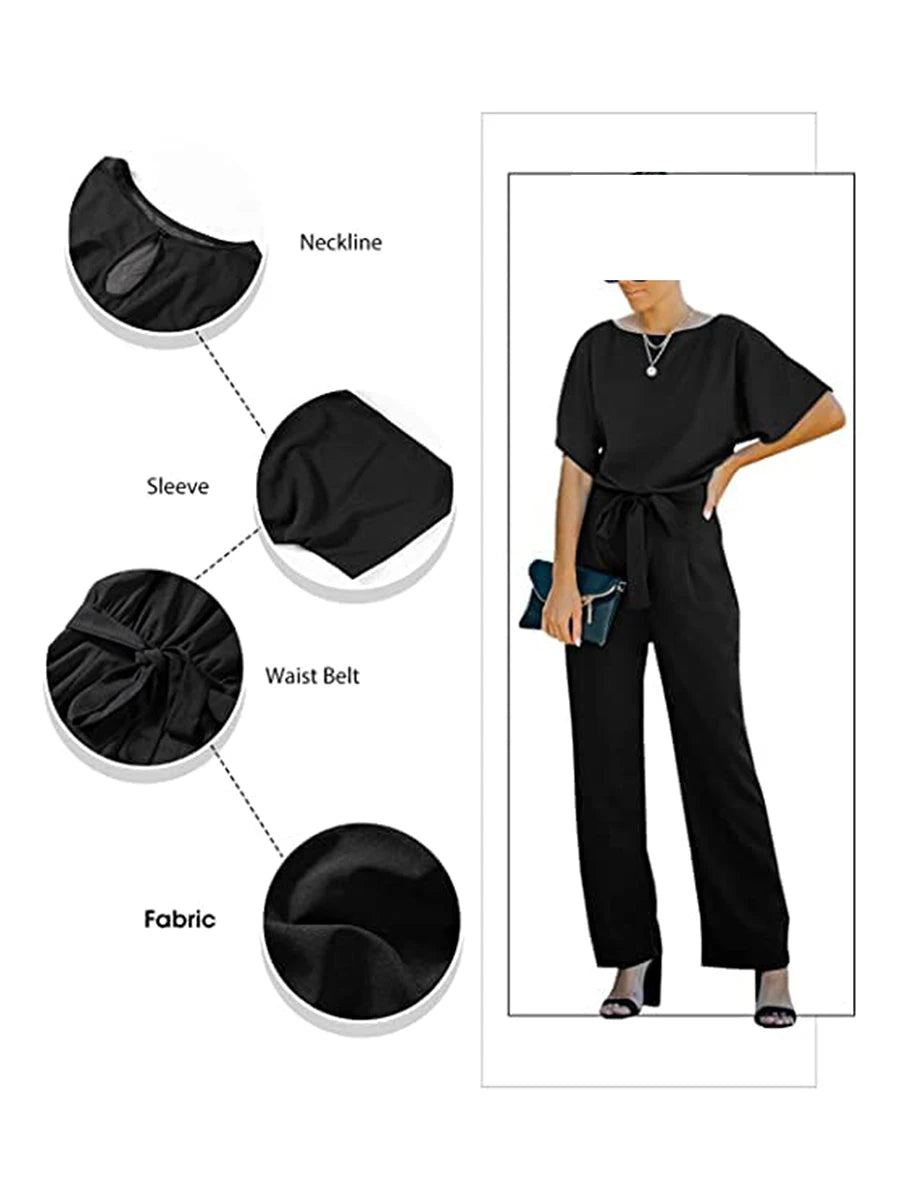 Women's clothing summer 2024 Jumpsuit, Elegant Short Sleeve Hollowed Waist Tie Solid Summer Wide Leg Pants
