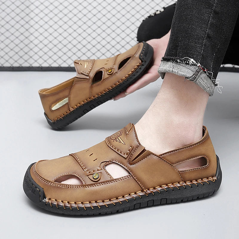 Mens Walking Shoes Summer Breathable Leather Hand Sewn Minimalist Baotou Flat Shoes Soft Elastic Daily Casual Male Sandalia