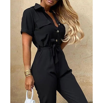 2025 New Women's Jumpsuit Casual Workwear Summer Romper with Print Button-up Lapel Waist Belt Slim Fit One Piece Pants Set Fashi