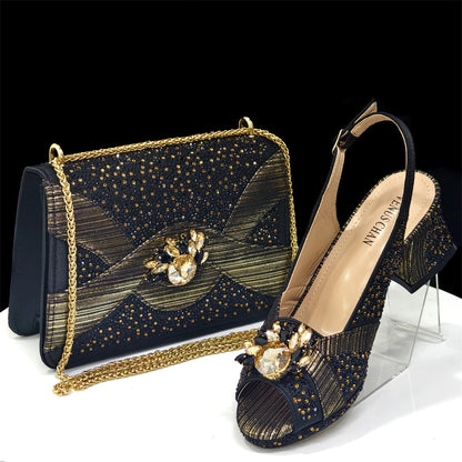 2025 Elegant Women's Peep-Toe Heels and Matching Wine Color Diamond Pumps Set - Stylish Italian Shoes and Bags for Parties