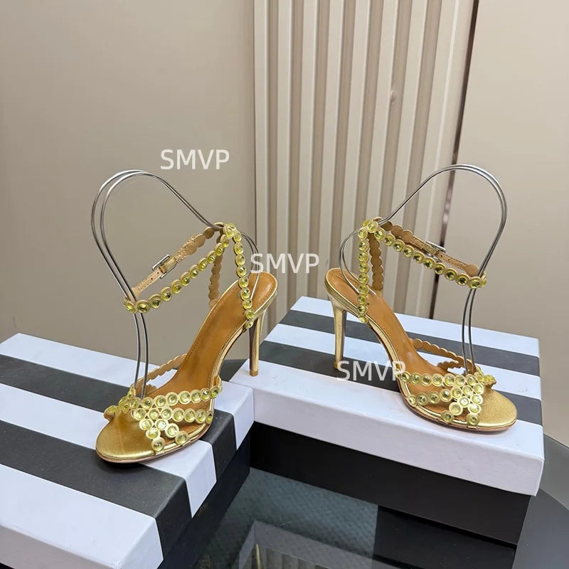 Women Crystal Rhinestone High Heel Sandals 2026 Summer New Toe Ankle Strap Thin Heels Transparent Silver Party Wedding Shoes