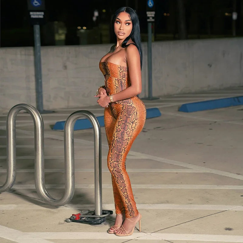 STYLISH LADY Snake Print Strapless Jumpsuits 2026 Women Hollow O Ring Sleeveless Bodycon Sexy Club Party Street Long Jumpsuit