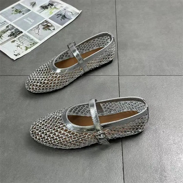 Summer Rhinestone Mesh Hollow Sandals Plus Size 43 Women Flats Shallow 2024 New Mary Jane Shoes Comfort Luxury Female Flat Shoes