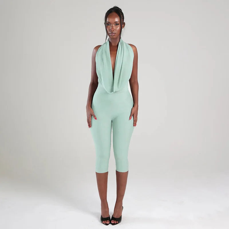 Summer Fashion New Women Sexy Jumpsuit Plunge Halterneck Backless Lace-up Solid Color Ruched One Piece Romper Capri Jumpsuits