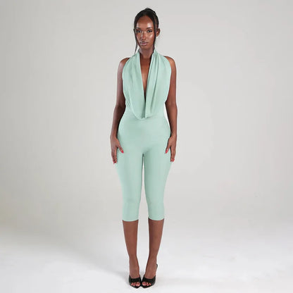 Summer Fashion New Women Sexy Jumpsuit Plunge Halterneck Backless Lace-up Solid Color Ruched One Piece Romper Capri Jumpsuits
