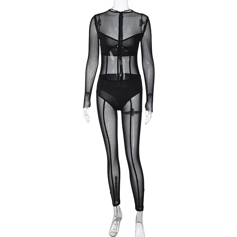 Hugcitar Mesh Long Sleeve Black Zip Up See Through Sheer Sexy Bodycon Jumpsuit 2025 Summer Women Romper Beach Festival Club Y2K