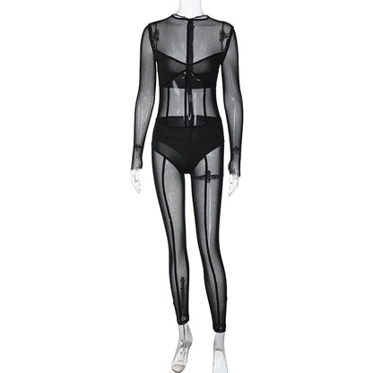 Hugcitar Mesh Long Sleeve Black Zip Up See Through Sheer Sexy Bodycon Jumpsuit 2025 Summer Women Romper Beach Festival Club Y2K