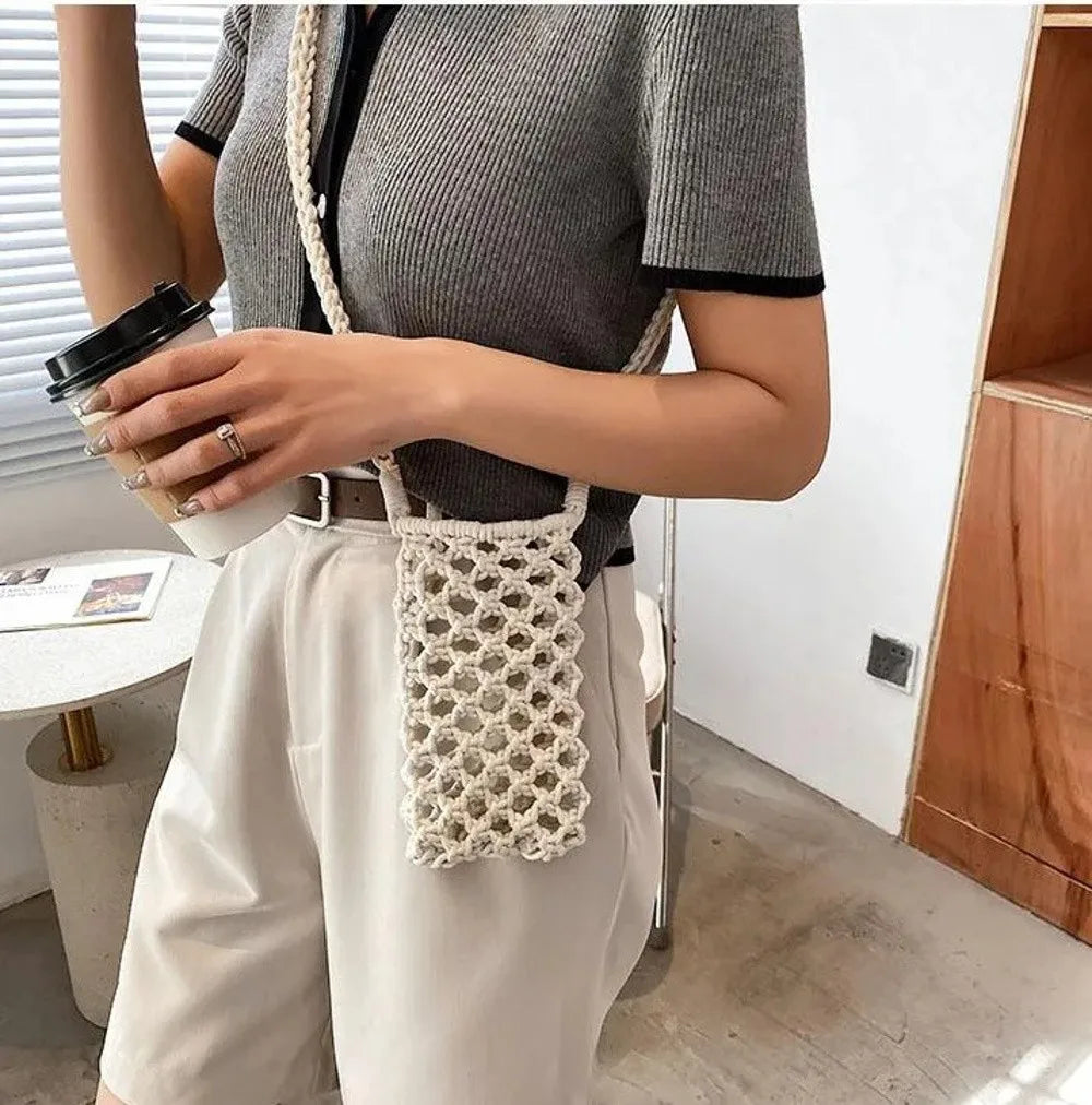 Hollow-out Woven Crochet Small Crossbody Phone Bag Women Fashion Solid Color Lightweight Braided Shoulder Handbag Crossbody Bags