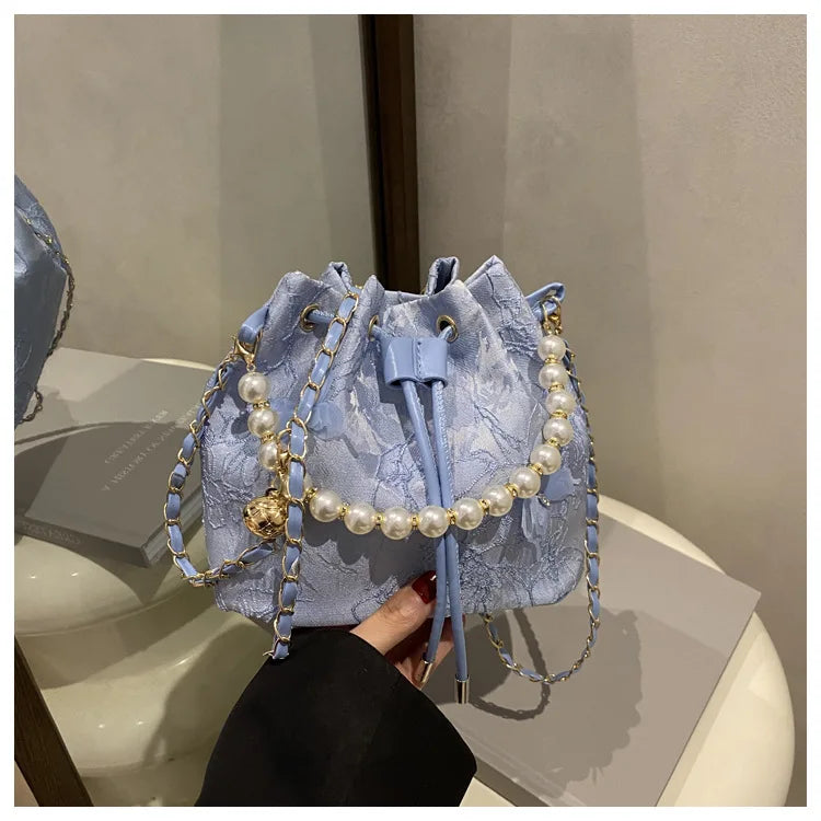 Sweet Butterfly Women Drawstring Bucket Shoulder Bags Versatile Ladies Crossbody Bag Clutch Fashion Girls Pearl Chain Handbags