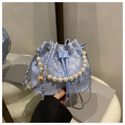 Sweet Butterfly Women Drawstring Bucket Shoulder Bags Versatile Ladies Crossbody Bag Clutch Fashion Girls Pearl Chain Handbags