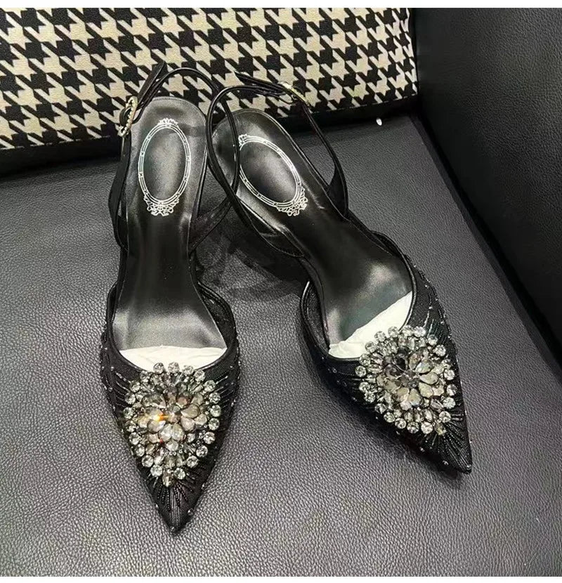 Luxury Diamond Pearls Lace Mesh Women Pumps Elegant Pointed toe Thin High heels Fashion Summer Slingbacks Wedding Party Shoes