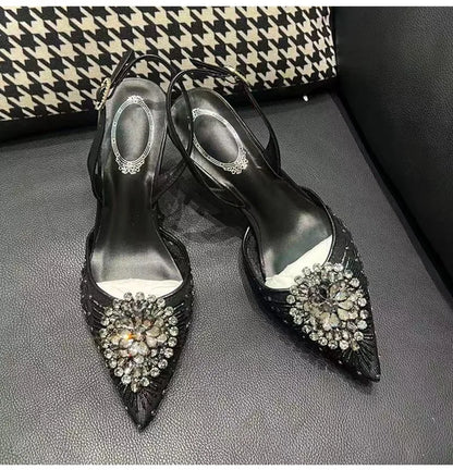 Luxury Diamond Pearls Lace Mesh Women Pumps Elegant Pointed toe Thin High heels Fashion Summer Slingbacks Wedding Party Shoes