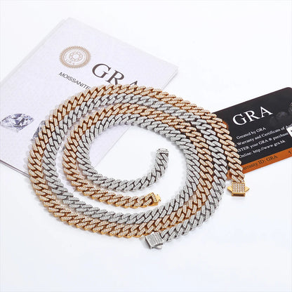 ESKEEM 8mm Width VVS1 Moissanite Cuban Chain Double Rows Iced Out Stainless Steel Spring Clasp Necklace Bracelet Men Women Gift