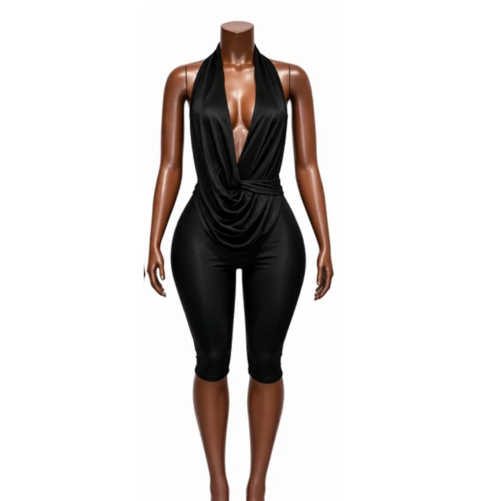 FAGADOER Sexy Deep V Draped Halter Rompers Fashion Patchwork Back Lace‑Up Hollow Out Bodycon Jumpsuits Night Club Playsuits New