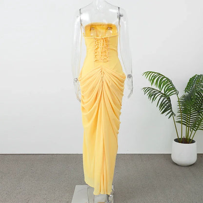 Solid Pleated Strapless Women's Dress Backless Off-shoulder High Waist Split Female Dresses 2026 Sexy Summer Evening Party Gown