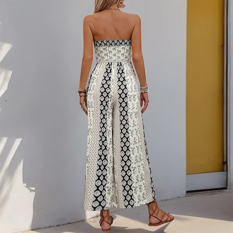 Cotton Rayon Floral Printed Sexy Strapless Jumpsuit Women Casual Bow Boho Beach Summer One Piece Women's Jumpsuits Bohemian