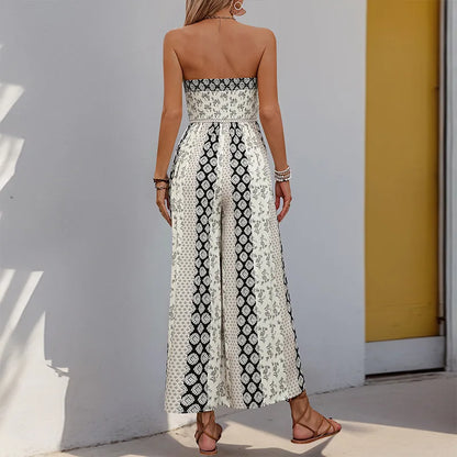 Cotton Rayon Floral Printed Sexy Strapless Jumpsuit Women Casual Bow Boho Beach Summer One Piece Women's Jumpsuits Bohemian