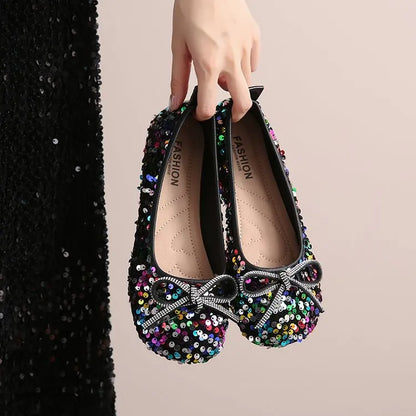 2026 Women Bling Flats Shoes Casual Walking Shoes Spring New Round Toe Bowtie Female Fashion Brand Dress Zapatillas Mujer
