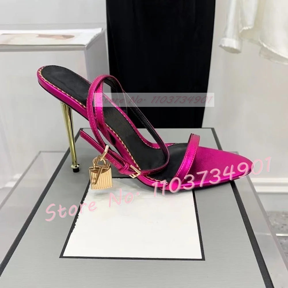 Metal Heel Lock Metallic Leather Sandals Female Luxury Open Toe Stiletto High Heels Shoes Lady Elegant Party Ankle Strap Sandals