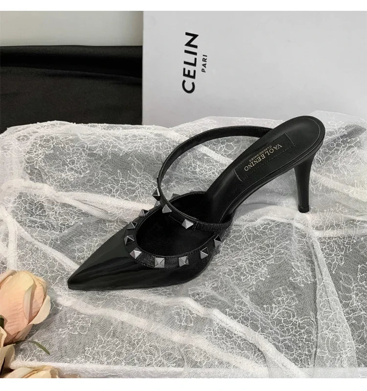 Heeled Sandals Summer Luxury Brand Rivets Women Slippers Fashion Leather Slingbacks Heels Slippers Designer Party Prom Shoes