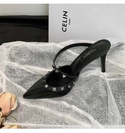 Heeled Sandals Summer Luxury Brand Rivets Women Slippers Fashion Leather Slingbacks Heels Slippers Designer Party Prom Shoes
