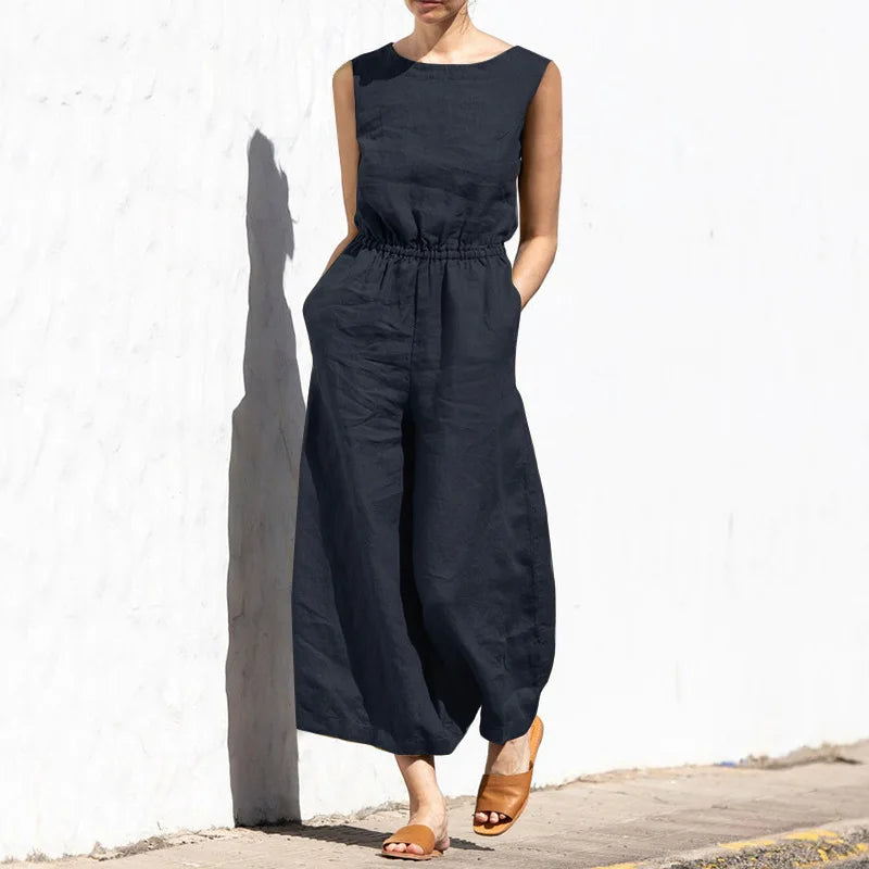 Jumpsuits Women New Summer Solid Color high-waisted Sleeveless Elastic Waist Casual Loose Temperament Rompers Clothing JYFS6542