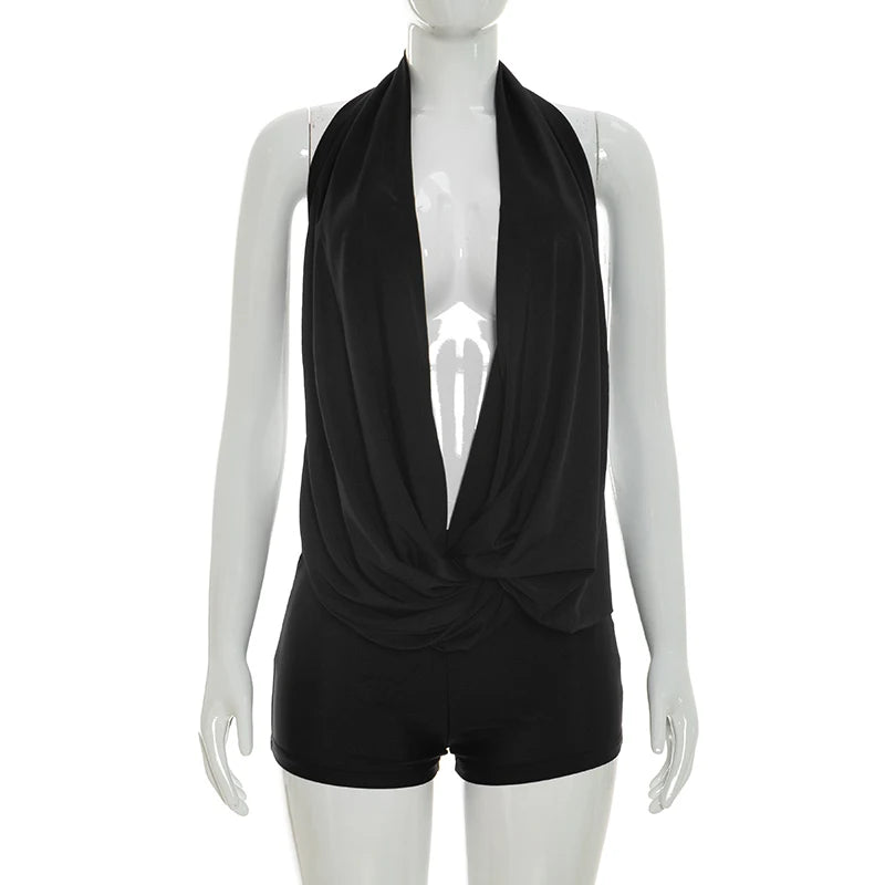 Chic Monokini with Pure Color, Over-the-Shoulder Draped Back Tie-Up Shorts