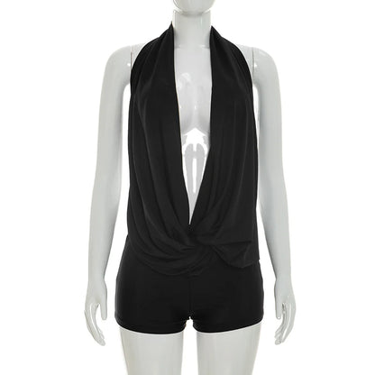Chic Monokini with Pure Color, Over-the-Shoulder Draped Back Tie-Up Shorts