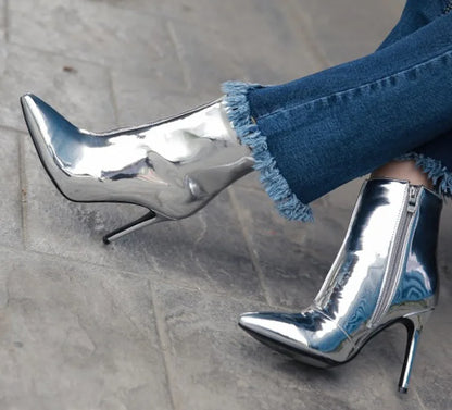 Design Ankle Boots Women Fashion Zipper Pointed  High Heels Gold Silver Patent Leather Short Booties Shoes Catwalk Shoes
