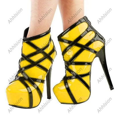 Ahhlsion Handmade Women Winter Ankle Boots Hidden Platform Stiletto Heels Round Toe Pretty Red Party Shoes US Plus Size 5-20