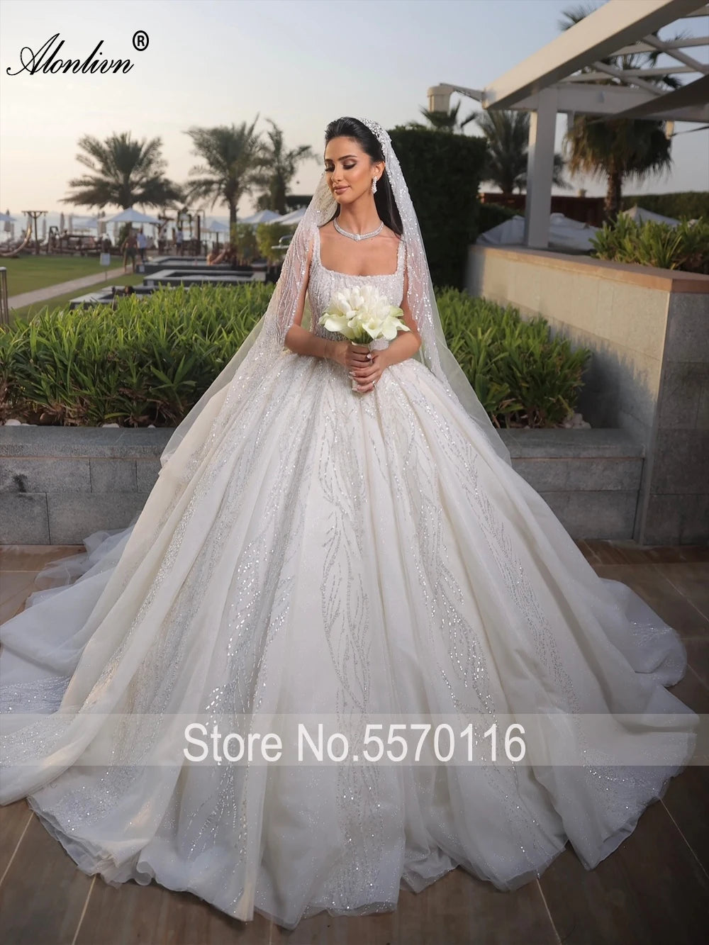 Alonlivn Custom Made Full Of Beading Embroidery Square Collar Wedding Dresses Delicate Lace Ball Gown Bridal Gowns