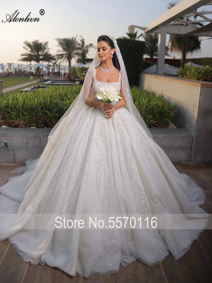 Alonlivn Custom Made Full Of Beading Embroidery Square Collar Wedding Dresses Delicate Lace Ball Gown Bridal Gowns