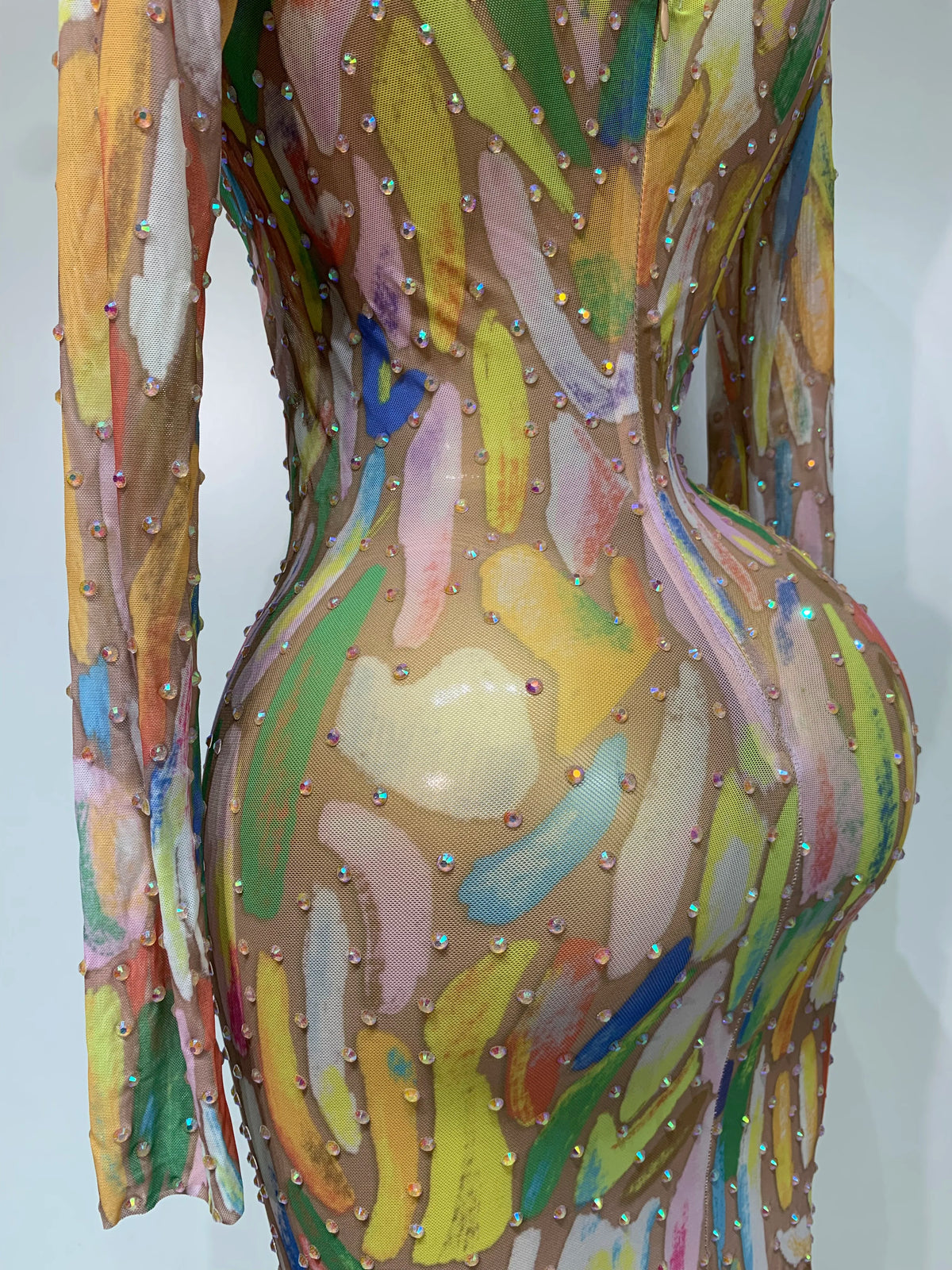 Sparkly Rhinestone Stretchy Mesh See Through Dress Women Performance Dancer Costume Rompers Party Nightclub Stage Outfit
