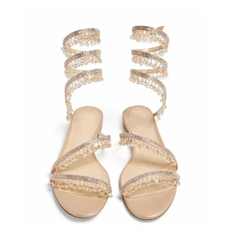 2026Women's New Water Diamond Sandals Fashion Tassel Crystal Shoes Sexy Banquet Party Twin Stiletto Women's Large Sandals