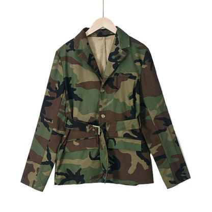 Women Camouflage Coats Belted Jacket Long Sleeves Notch Lapel Collar Single Breasted Slim Streetwear Casual 2025 Spring Autumn