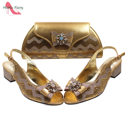 Golden Elegant Ladies Shoes Matching Bag Set Slingbacks Peep Toe Low Heels Fashion New Design Italian for Wedding
