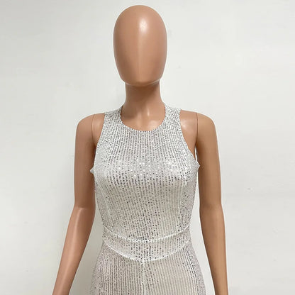 Bling Bling Sequined Club Jumpsuit Sexy Women O-neck Elegant Shiny Sliver Gold Sequins Straight Romper Overalls