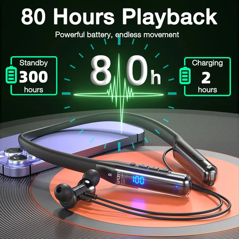 EARDECO 80 Hours Playback Bluetooth Headphone Neckband Wireless Headphones Bass Bluetooth Earphone with Mic Sport Stereo