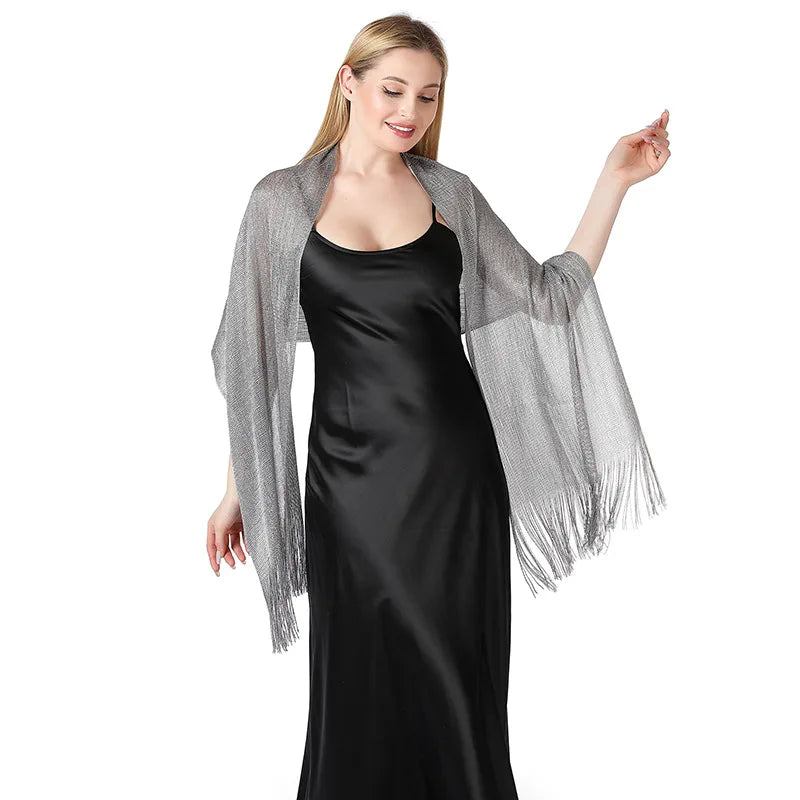 Metallic Silk Scarf Bridal Evening Gown Accessory For Women Wedding Party Prom Bridal Shawl Gold Silver Thread