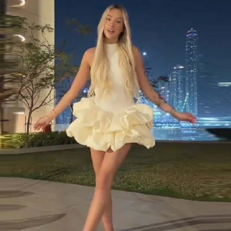 Gentle Sweet Mini Dress Sleeveless Ruffled Bubble Skirt Women Dresses Party Chic Female Stylish Fashion Date Outfits