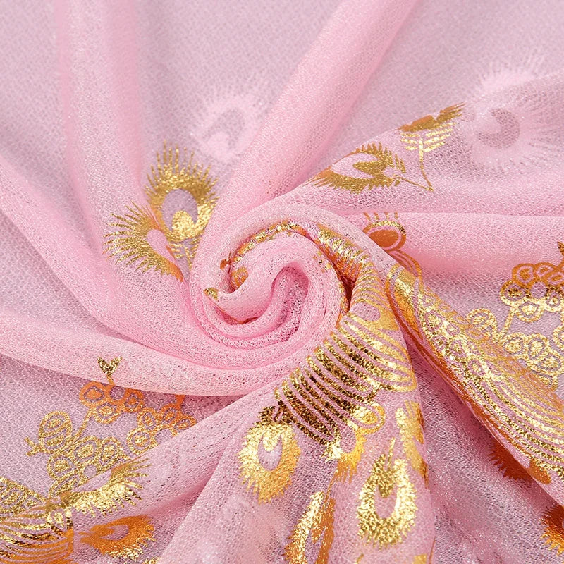 Women Glitter Thin Muffler Solid Color  Elegant Hijab Scarf Chiffon Long Scarves Gold Peacock Print Wrap Shawl Georgette Scarf