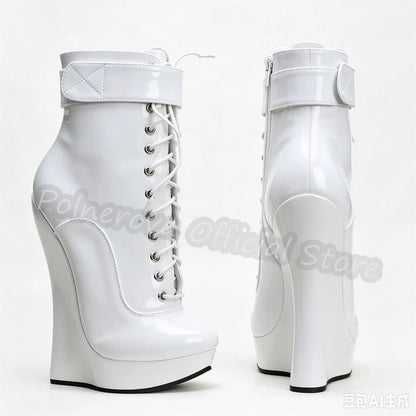 Gothic Punk Wedges Lace-Up Women Platform Boots Hoof Design Super High Heel Side Zipper Boots Unisex Pole Dance Party Shoes