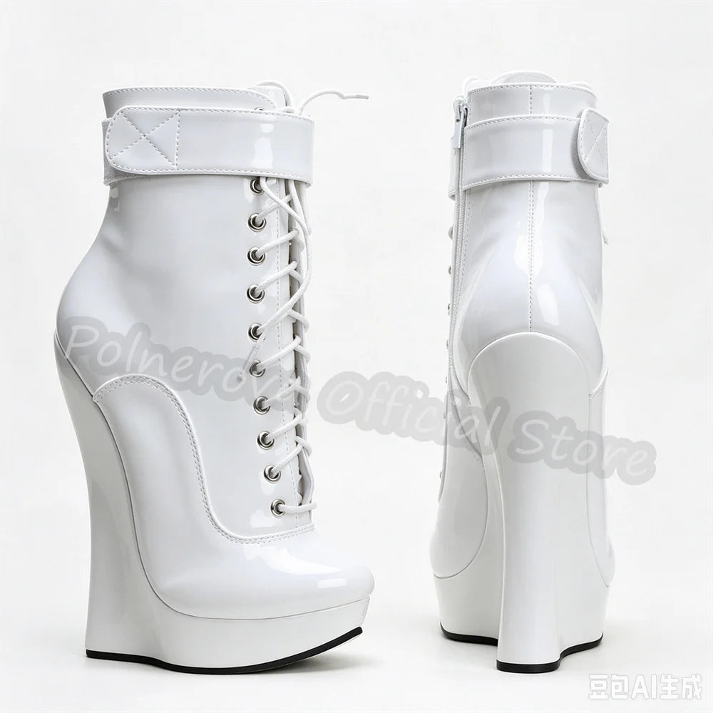 Gothic Punk Wedges Lace-Up Women Platform Boots Hoof Design Super High Heel Side Zipper Boots Unisex Pole Dance Party Shoes