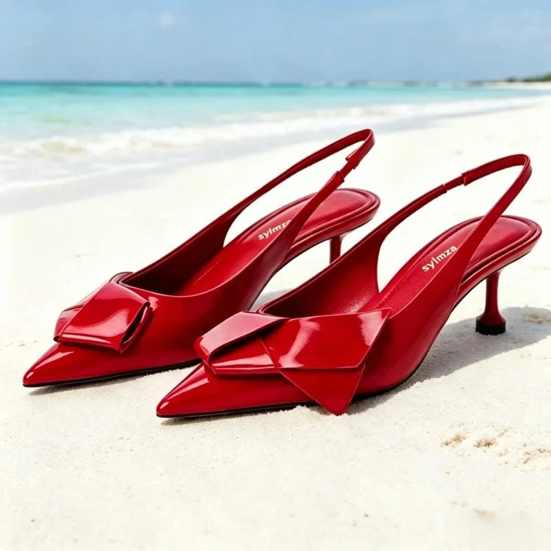 Red Patent Leather Slingback Heels Women Sweet Bow Decoration Pointed-toe High-heeled Sandals Luxury Party Brand Designer Shoes