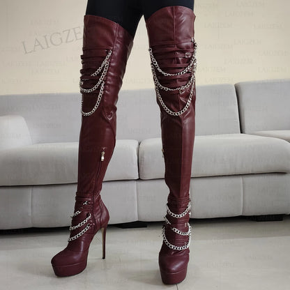 LAIGZEM Women Thigh High Platform Boots Metal Chains Thin High Heels Boots Over Knee Side Zip Shoes Woman Plus Size 42 45 50 52